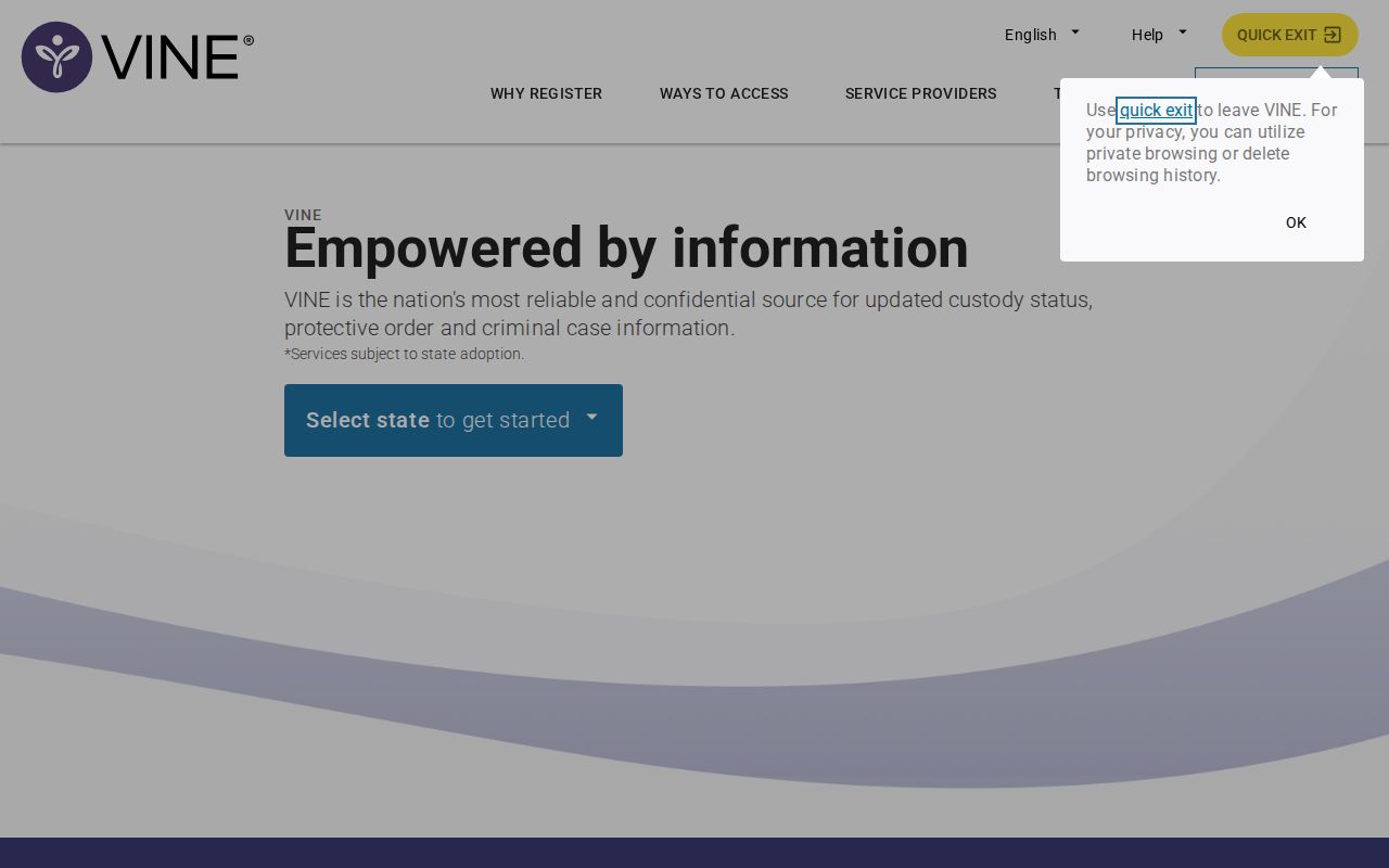Kershaw County VINELink inmate search state selection screen