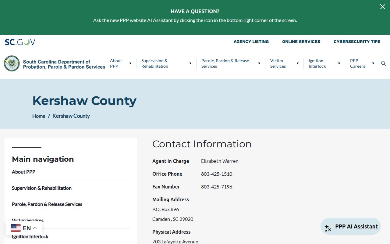Kershaw County parole and probation office contact directory